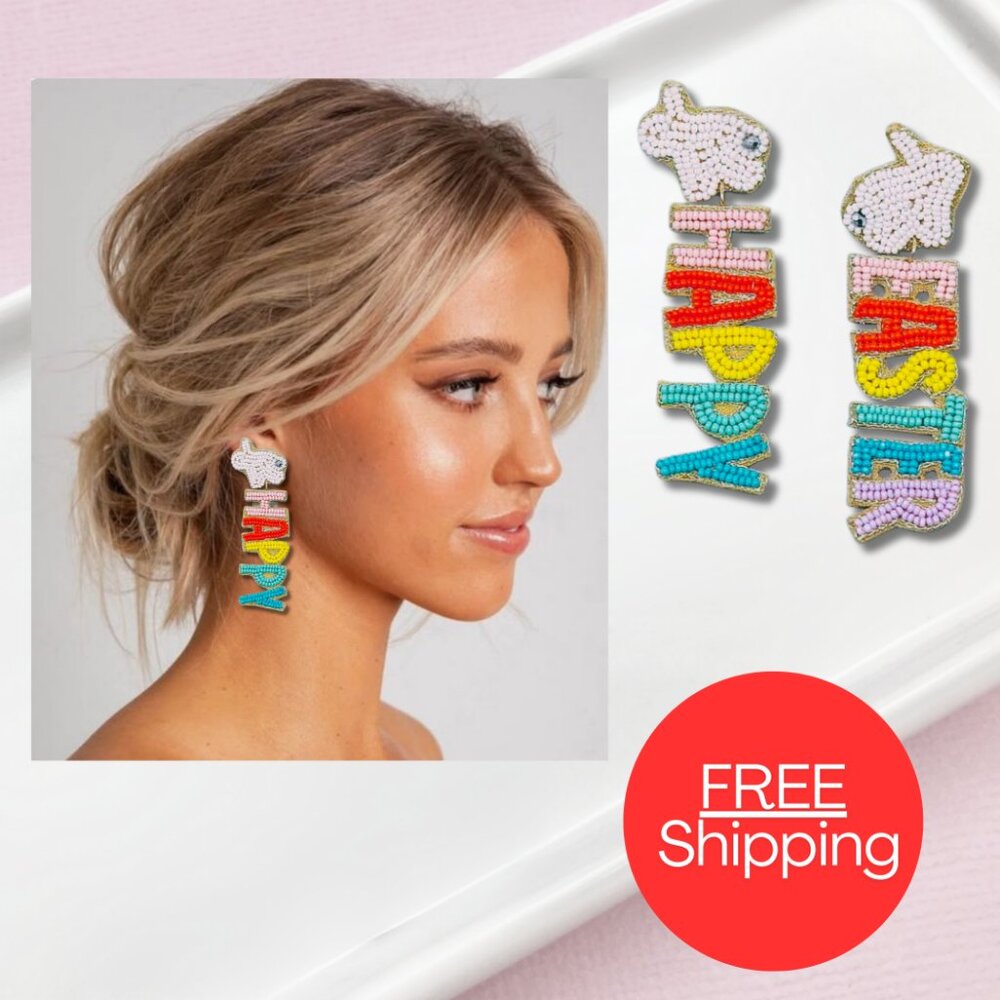 NEW Happy Easter Bunny Seed Beaded Rhinestone Sparkle Statement Gift Earrings